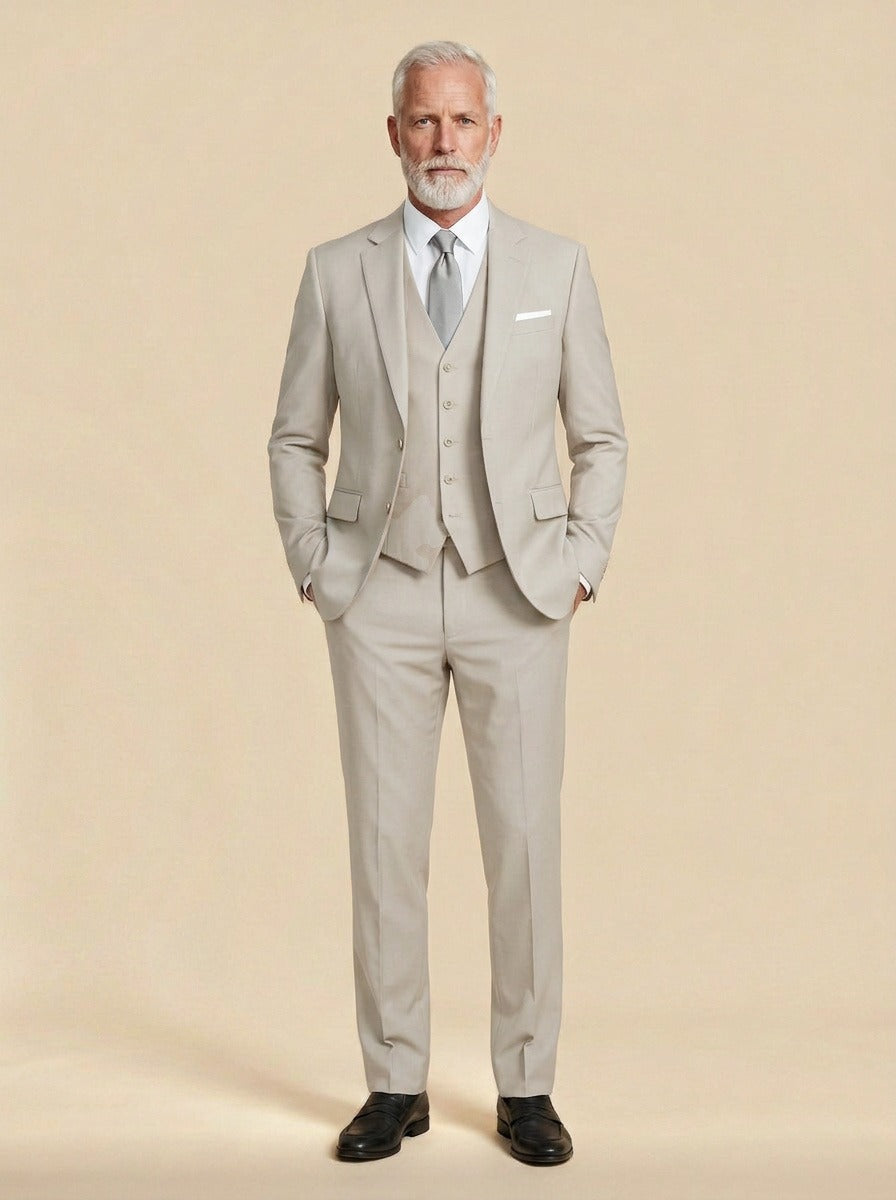 Beaumont three piece suit in Beige, studio, Gentlemens Manor