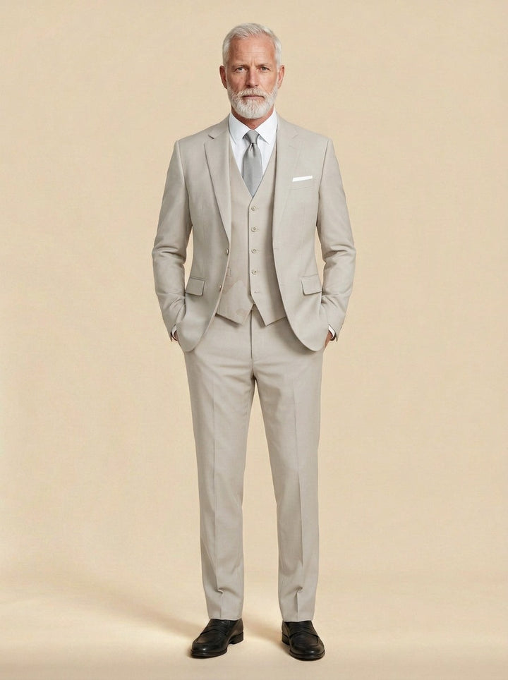 Beaumont three piece suit in Beige, studio, Gentlemens Manor