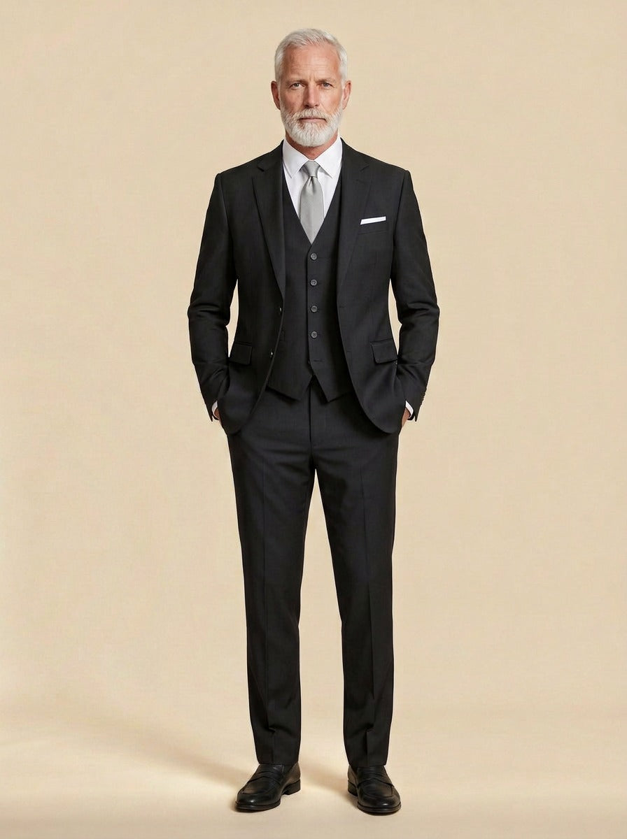 Beaumont three piece suit in Black, studio, Gentlemens Manor