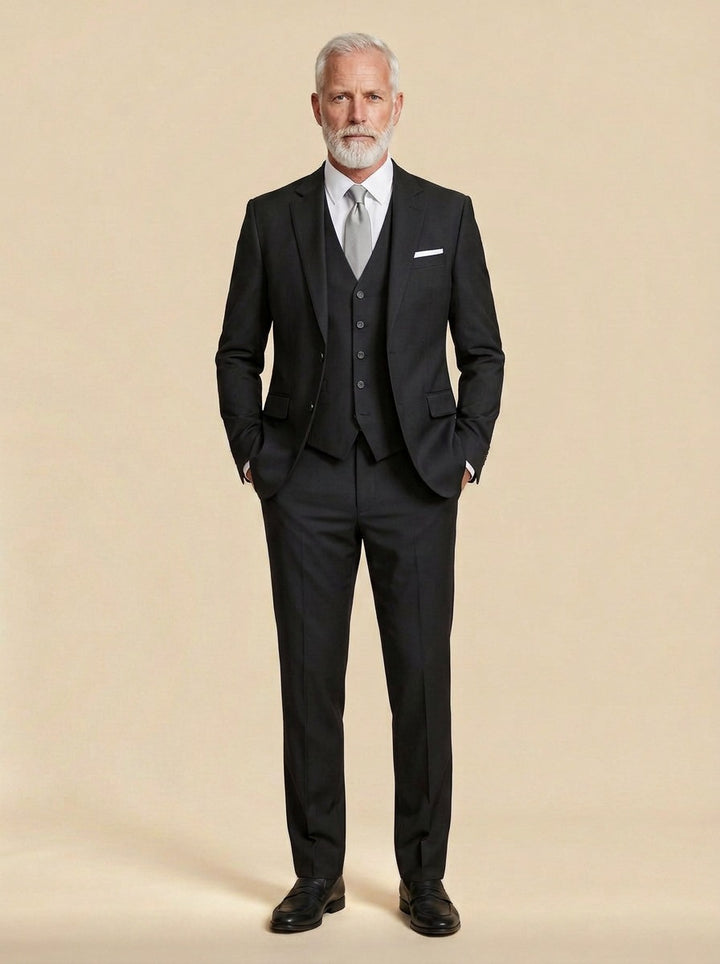 Beaumont three piece suit in Black, studio, Gentlemens Manor
