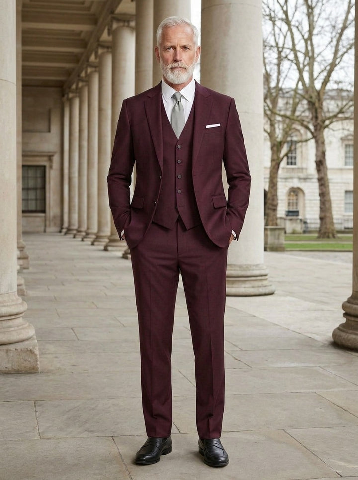 Beaumont three piece suit in Burgundy, lifestyle, Gentlemens Manor