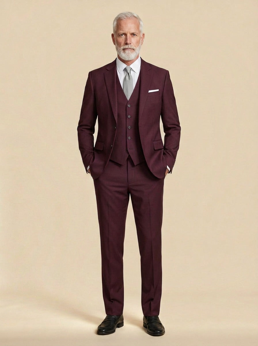 Beaumont three piece suit in Burgundy, studio, Gentlemens Manor