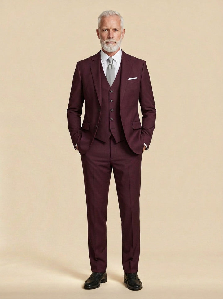 Beaumont three piece suit in Burgundy, studio, Gentlemens Manor