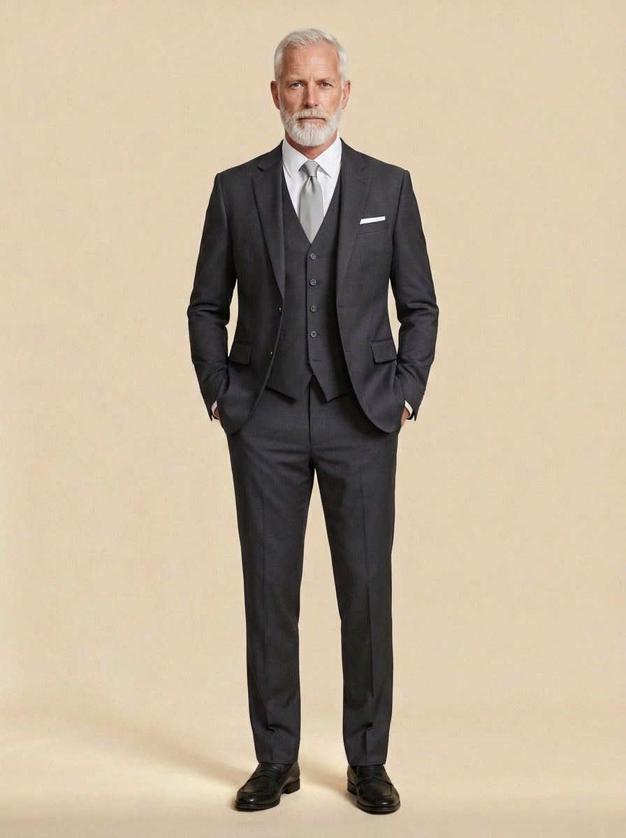 Beaumont three piece suit in Charcoal, studio, Gentlemens Manor