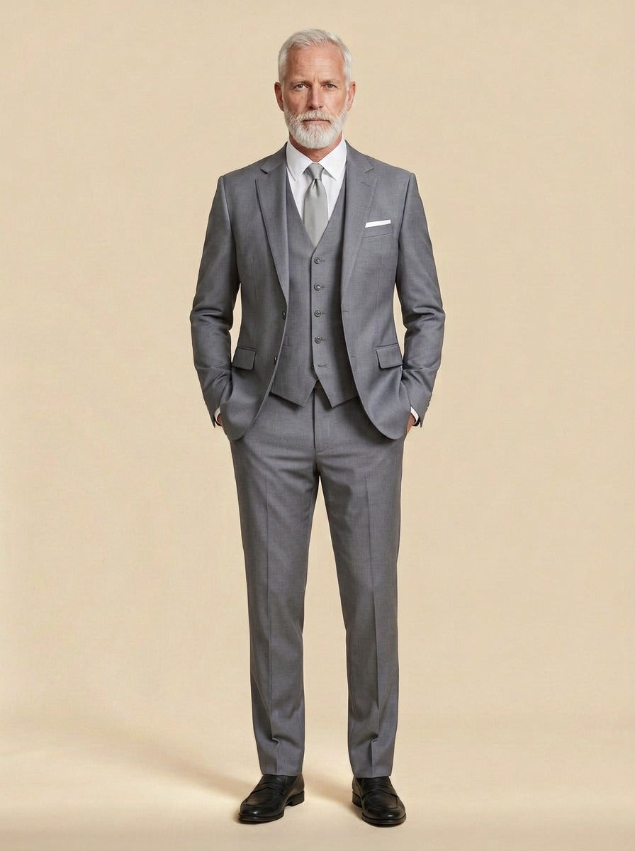 Beaumont three piece suit in Grey, studio, Gentlemens Manor