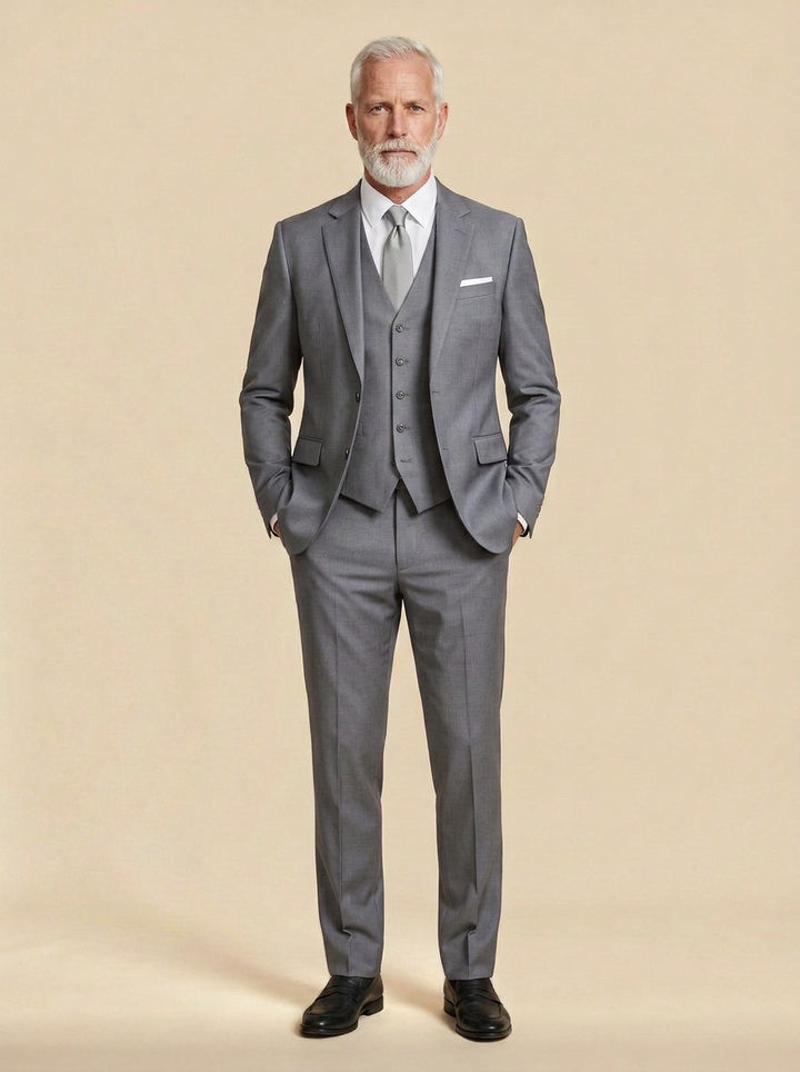 Beaumont three piece suit in Grey, studio, Gentlemens Manor