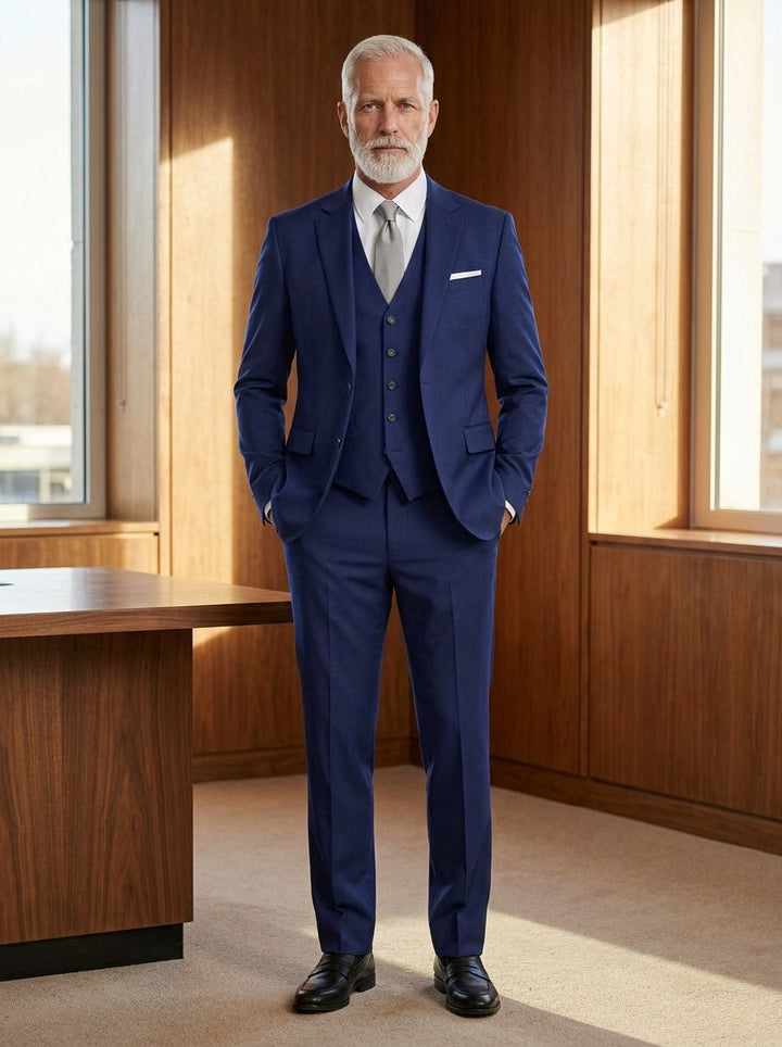 Beaumont three piece suit in Navy, lifestyle, Gentlemens Manor