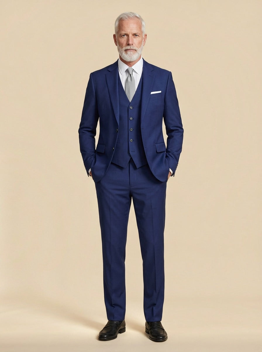 Beaumont three piece suit in Navy, studio, Gentlemens Manor