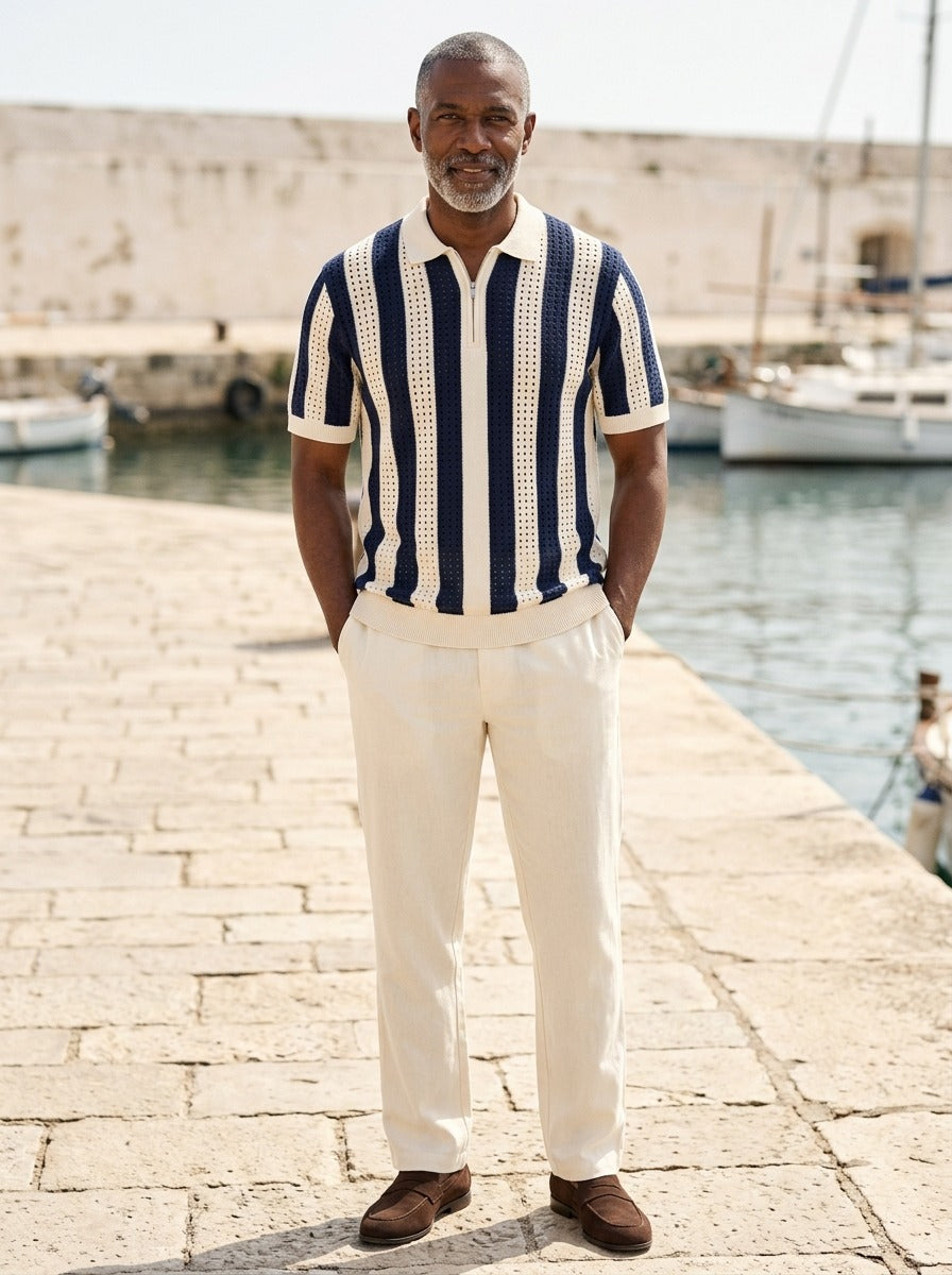 Beckett knit polo and pants set in Navy, lifestyle, Gentlemens Manor