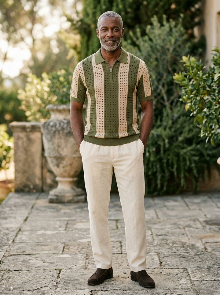 Beckett knit polo and pants set in Olive, lifestyle, Gentlemens Manor