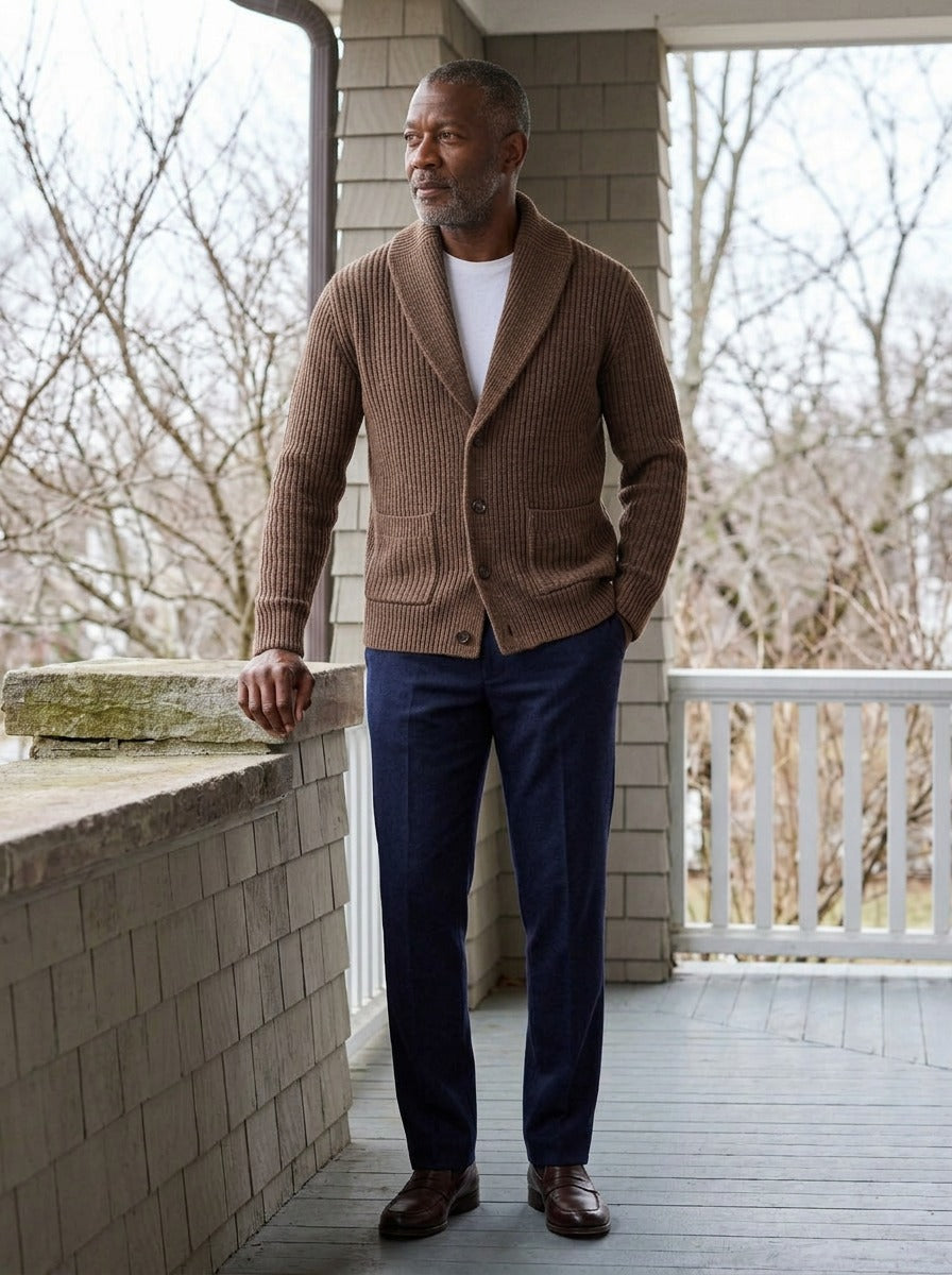 Beckwith shawl collar cardigan in Brown, lifestyle on a covered porch, Gentlemens Manor