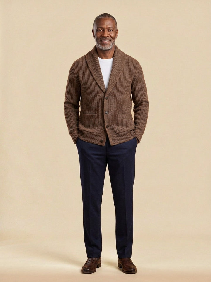 Beckwith shawl collar cardigan in Brown, studio, Gentlemens Manor