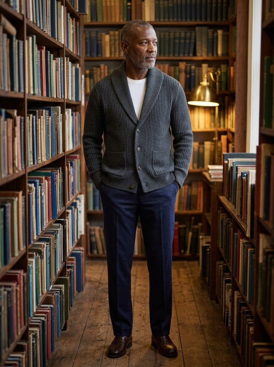 Beckwith shawl collar cardigan in Charcoal, lifestyle in a secondhand bookshop, Gentlemens Manor