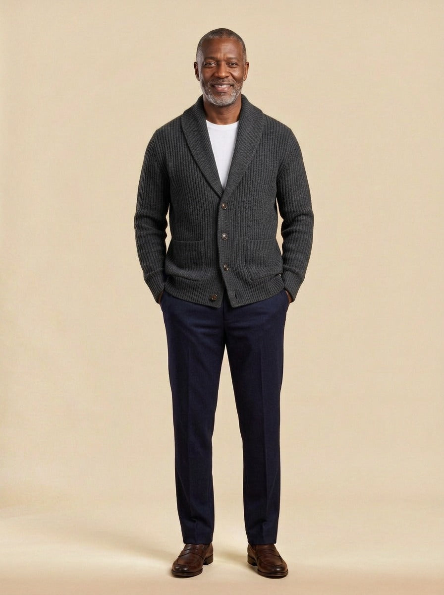 Beckwith shawl collar cardigan in Charcoal, studio, Gentlemens Manor