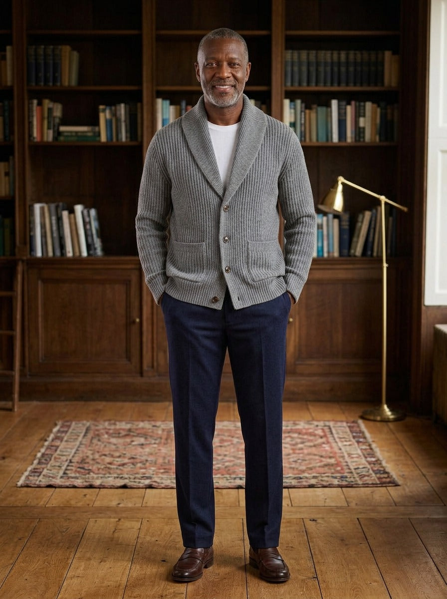 Beckwith shawl collar cardigan in Gray, lifestyle in a private study, Gentlemens Manor