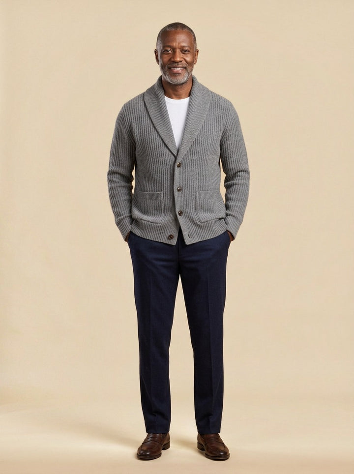 Beckwith shawl collar cardigan in Gray, studio, Gentlemens Manor