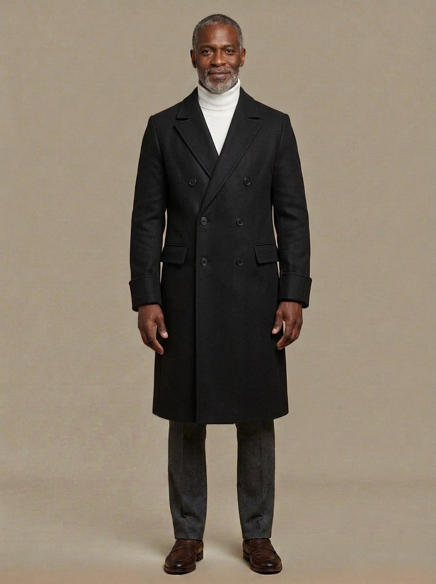 Bedford long double breasted overcoat in Black, studio, Gentlemens Manor