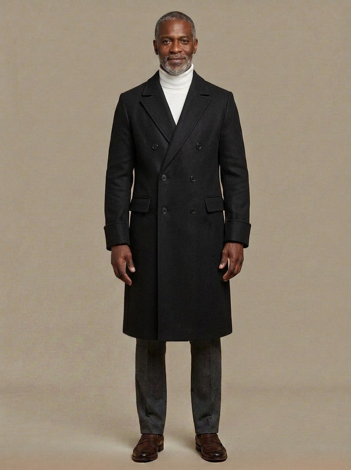 Bedford long double breasted overcoat in Black, studio, Gentlemens Manor