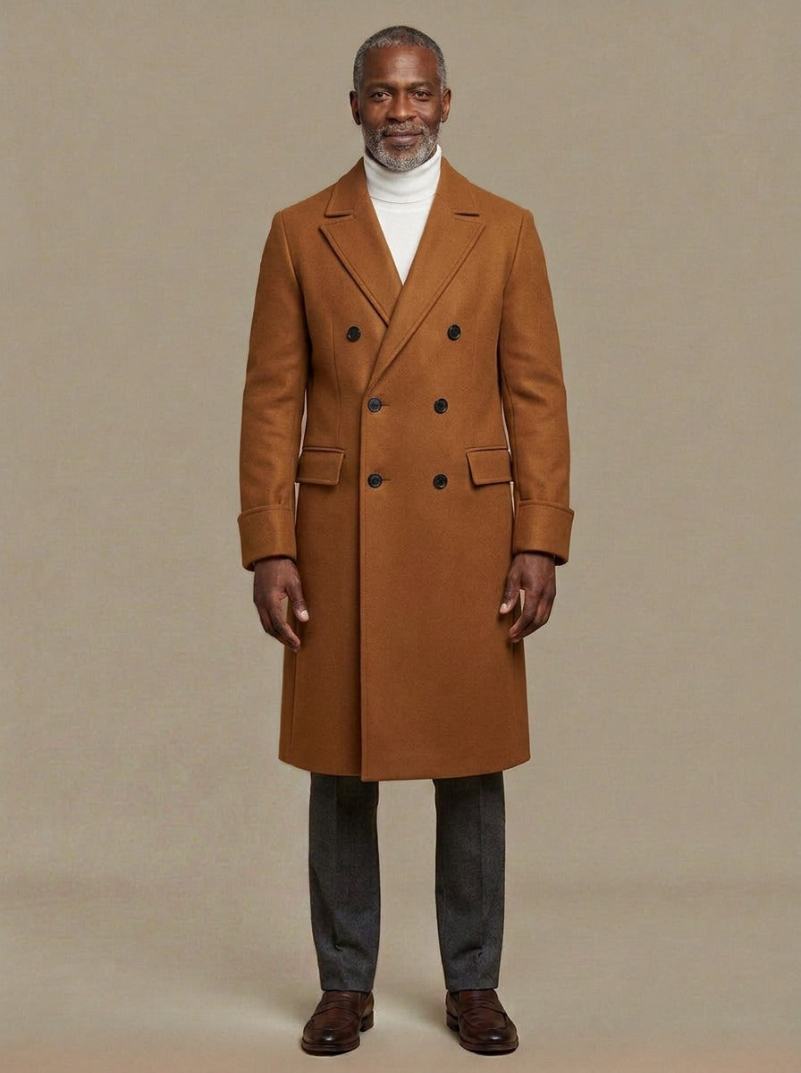 Bedford long double breasted overcoat in Brown, studio, Gentlemens Manor