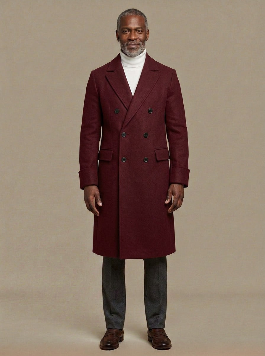 Bedford long double breasted overcoat in Burgundy, studio, Gentlemens Manor