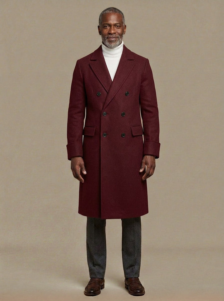 Bedford long double breasted overcoat in Burgundy, studio, Gentlemens Manor
