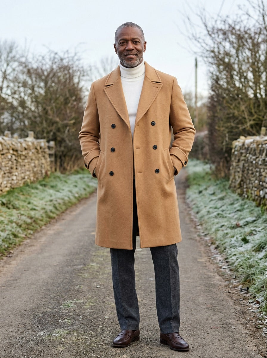 Bedford long double breasted overcoat in Camel, lifestyle on a country lane, Gentlemens Manor