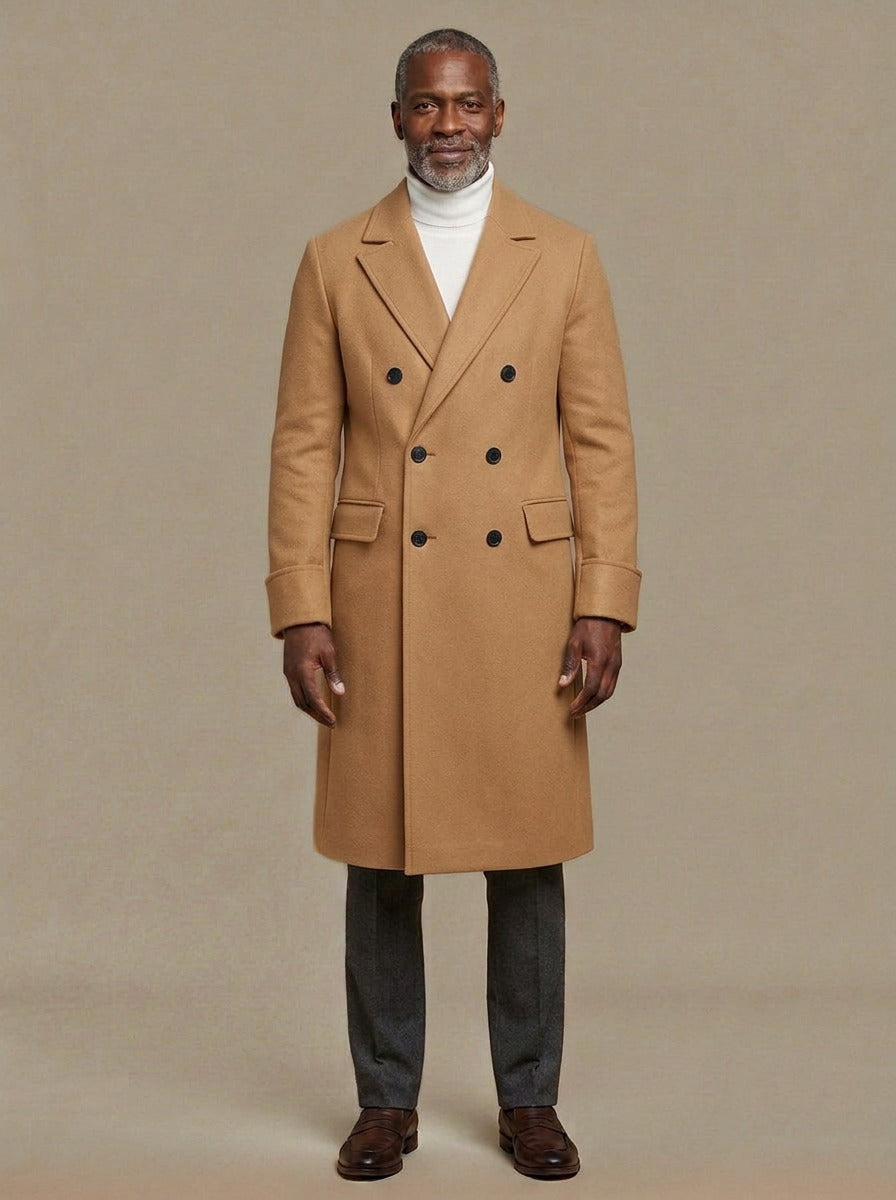 Bedford long double breasted overcoat in Camel, studio, Gentlemens Manor