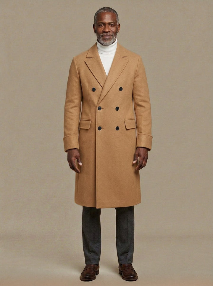 Bedford long double breasted overcoat in Camel, studio, Gentlemens Manor