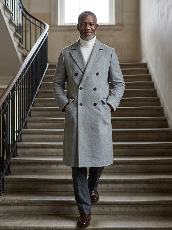 Bedford long double breasted overcoat in Grey, lifestyle on a civic stone staircase, Gentlemens Manor