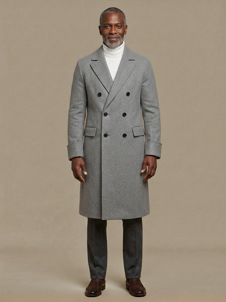 Bedford long double breasted overcoat in Grey, studio, Gentlemens Manor