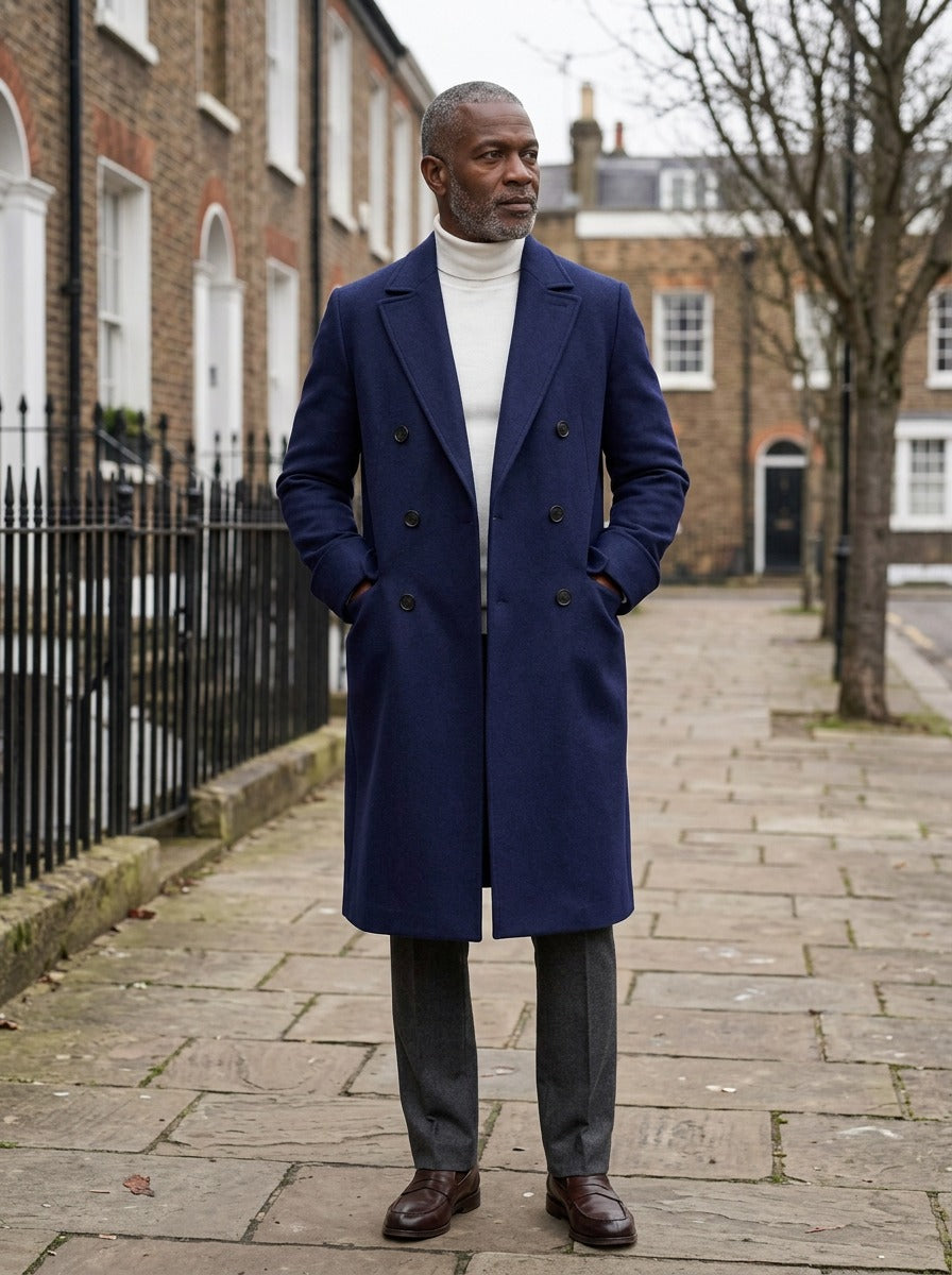Bedford long double breasted overcoat in Navy, lifestyle on a street of brick row houses, Gentlemens Manor