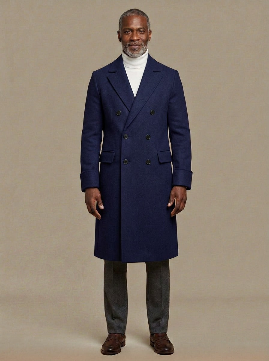 Bedford long double breasted overcoat in Navy, studio, Gentlemens Manor