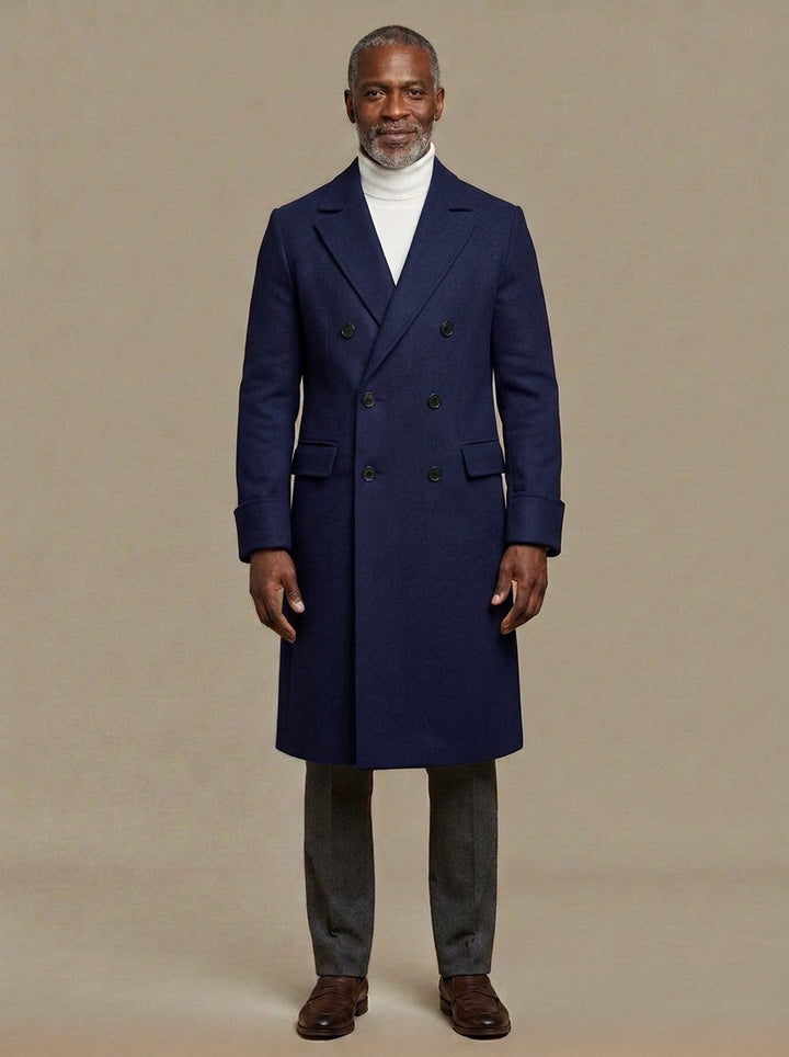 Bedford long double breasted overcoat in Navy, studio, Gentlemens Manor