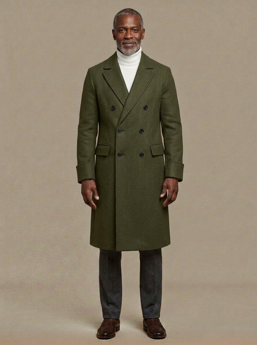 Bedford long double breasted overcoat in Olive, studio, Gentlemens Manor