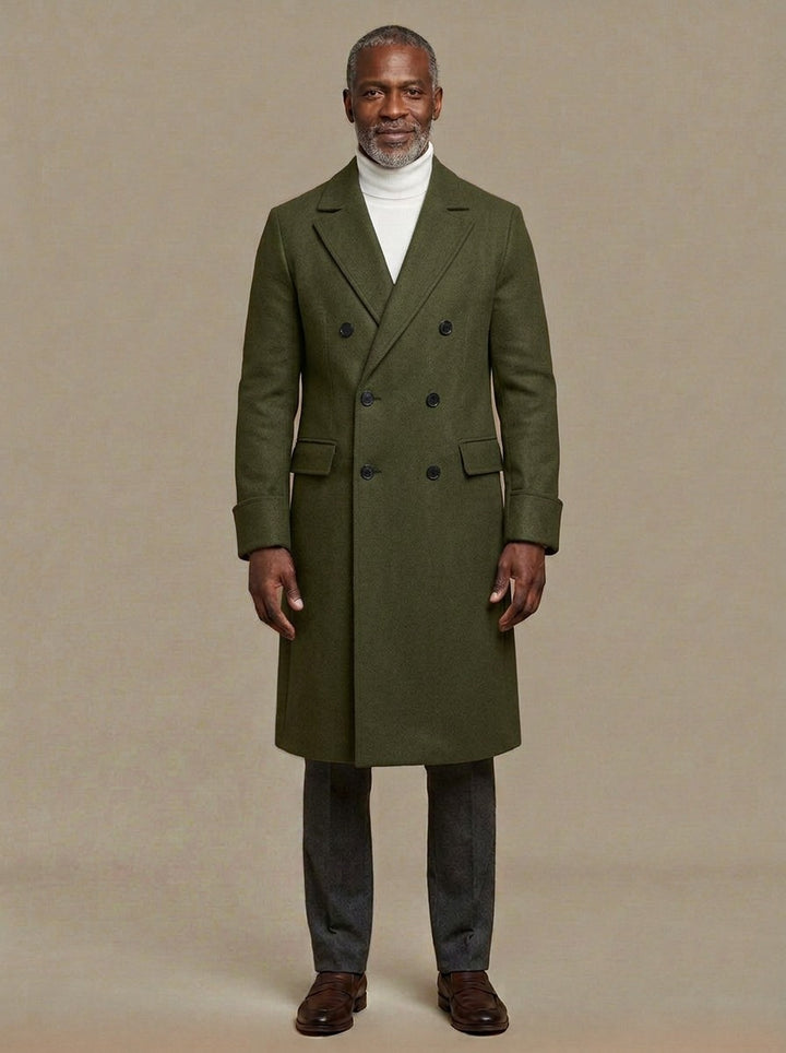 Bedford long double breasted overcoat in Olive, studio, Gentlemens Manor
