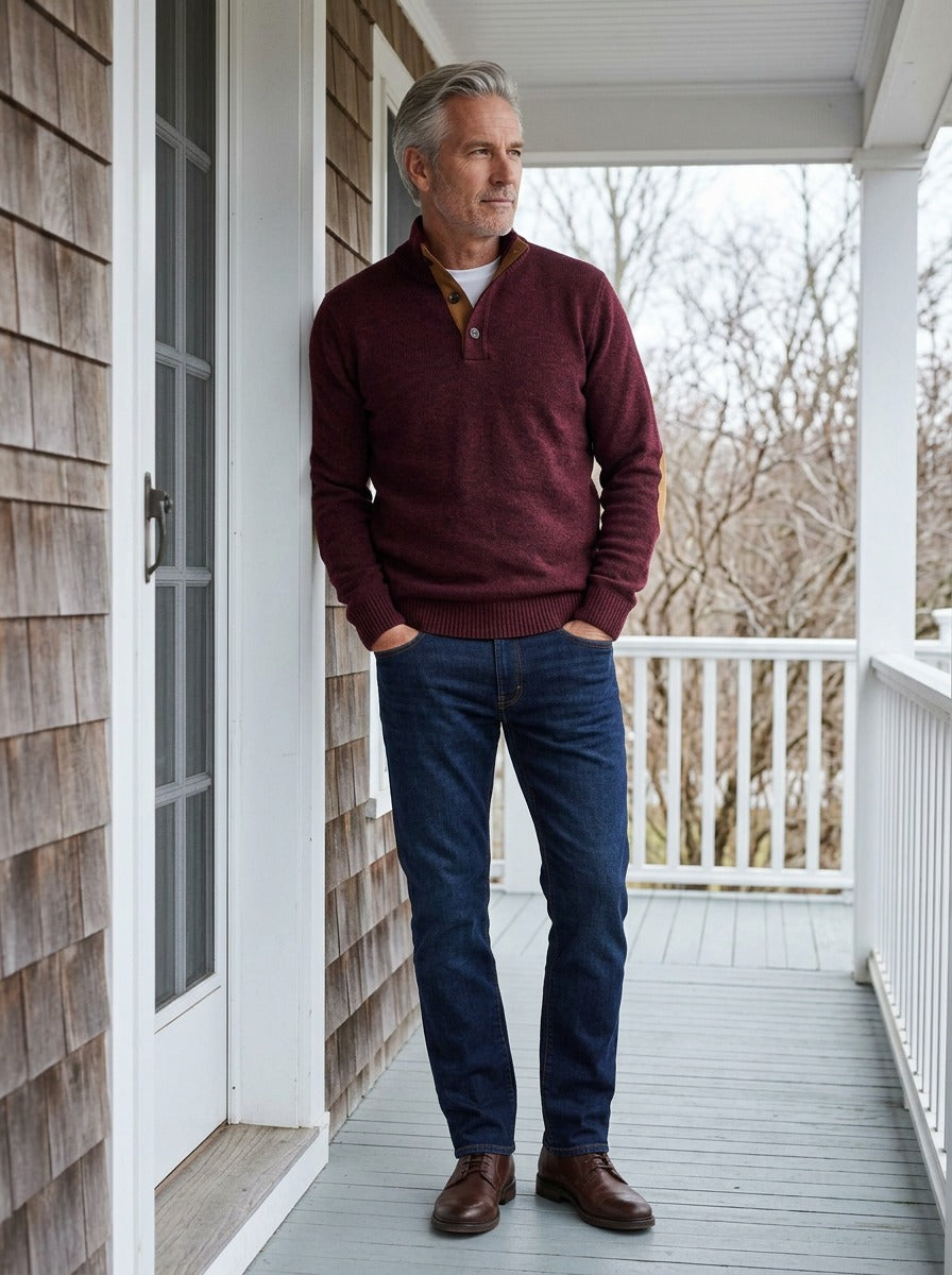 Bellamy sweater in Burgundy, lifestyle on a covered porch, Gentlemens Manor