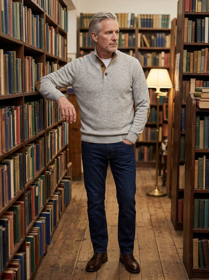 Bellamy sweater in Light Grey, lifestyle in a secondhand bookshop, Gentlemens Manor