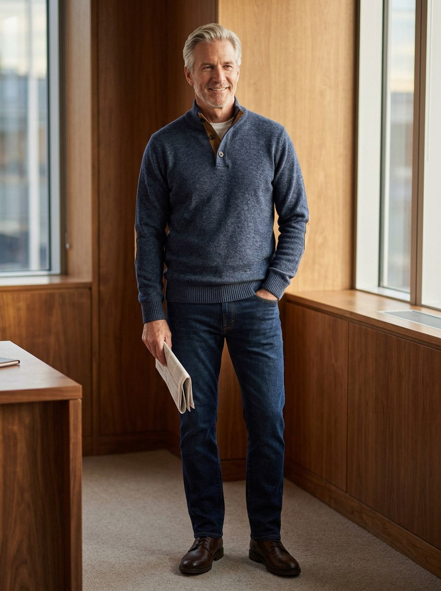 Bellamy sweater in Navy, lifestyle in a timber paneled office, Gentlemens Manor