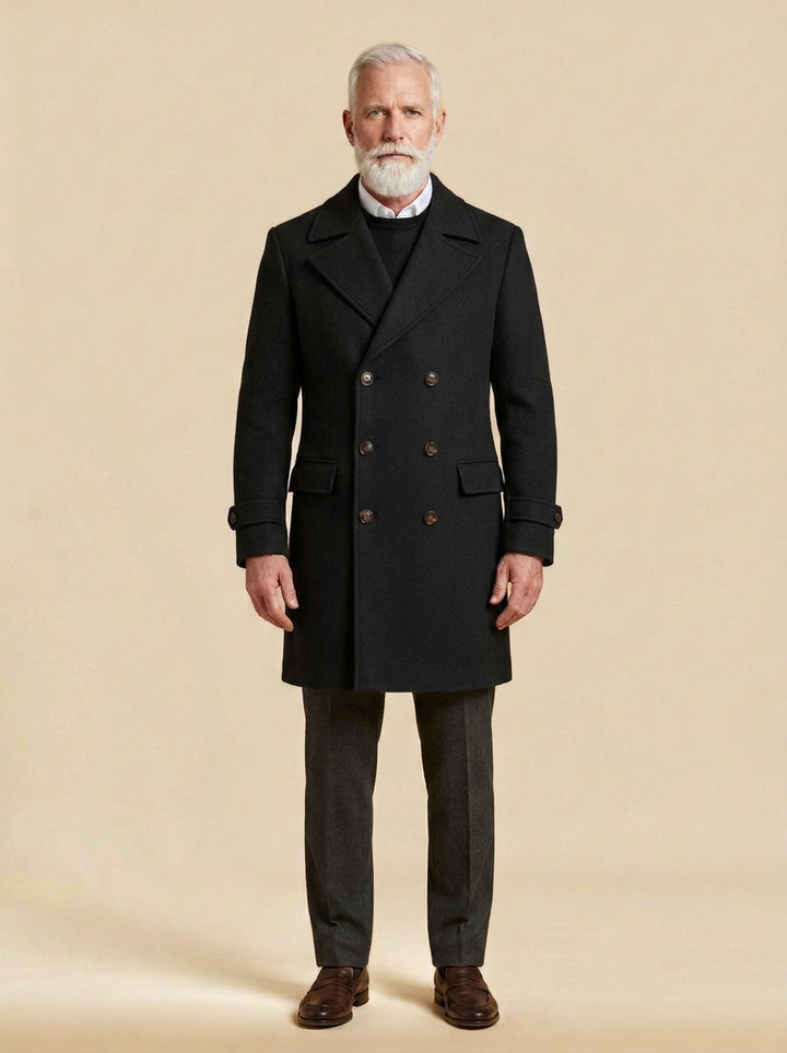 Bellingham double breasted peak lapel overcoat in Black, studio, Gentlemens Manor