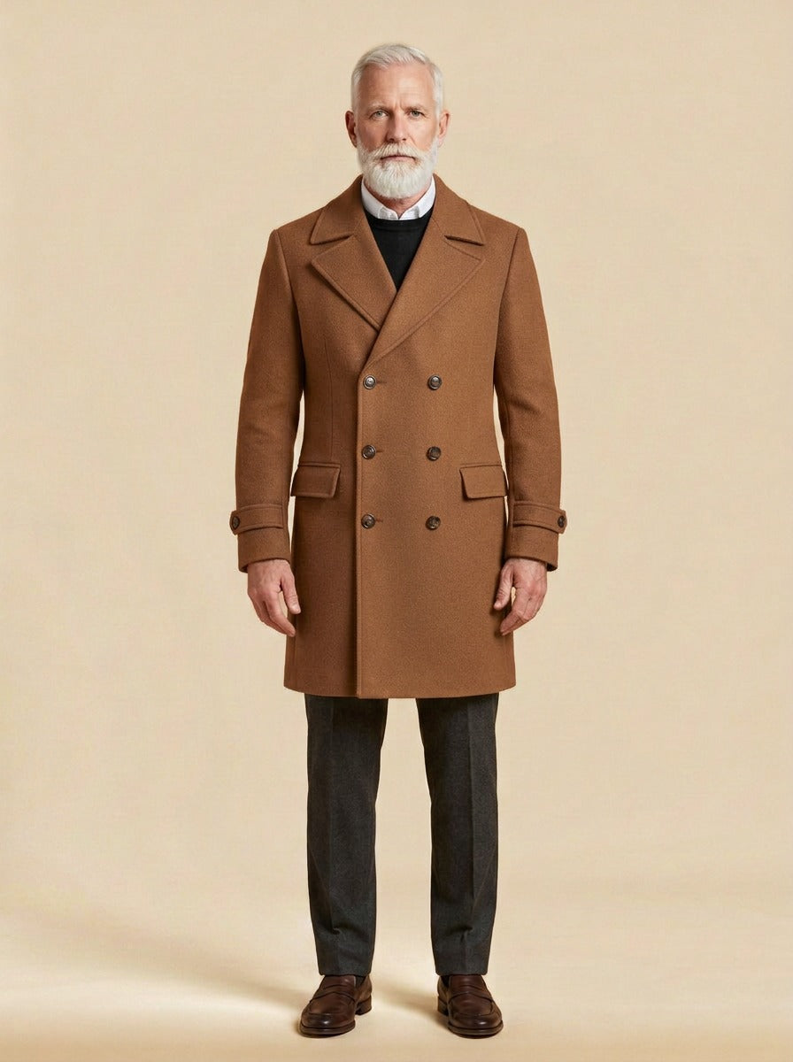 Bellingham double breasted peak lapel overcoat in Brown, studio, Gentlemens Manor