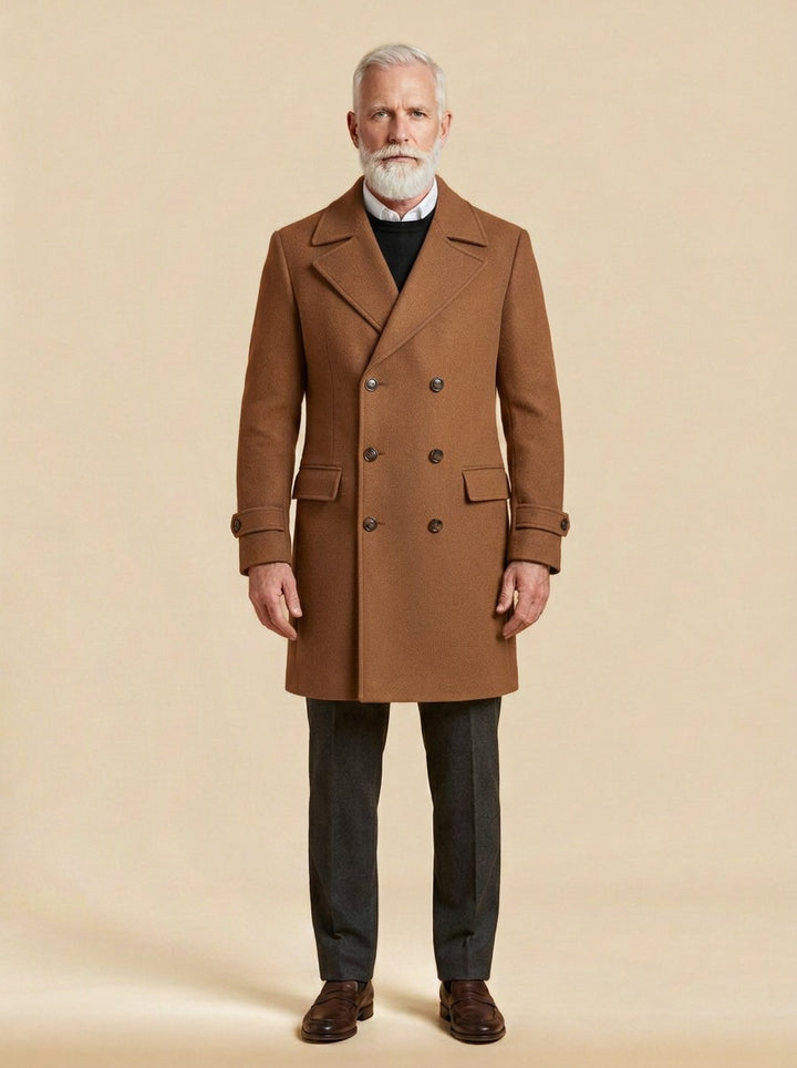 Bellingham double breasted peak lapel overcoat in Brown, studio, Gentlemens Manor