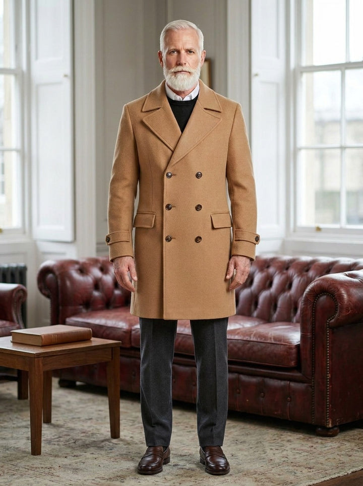 Bellingham double breasted peak lapel overcoat in Camel, lifestyle in a club reading room, Gentlemens Manor