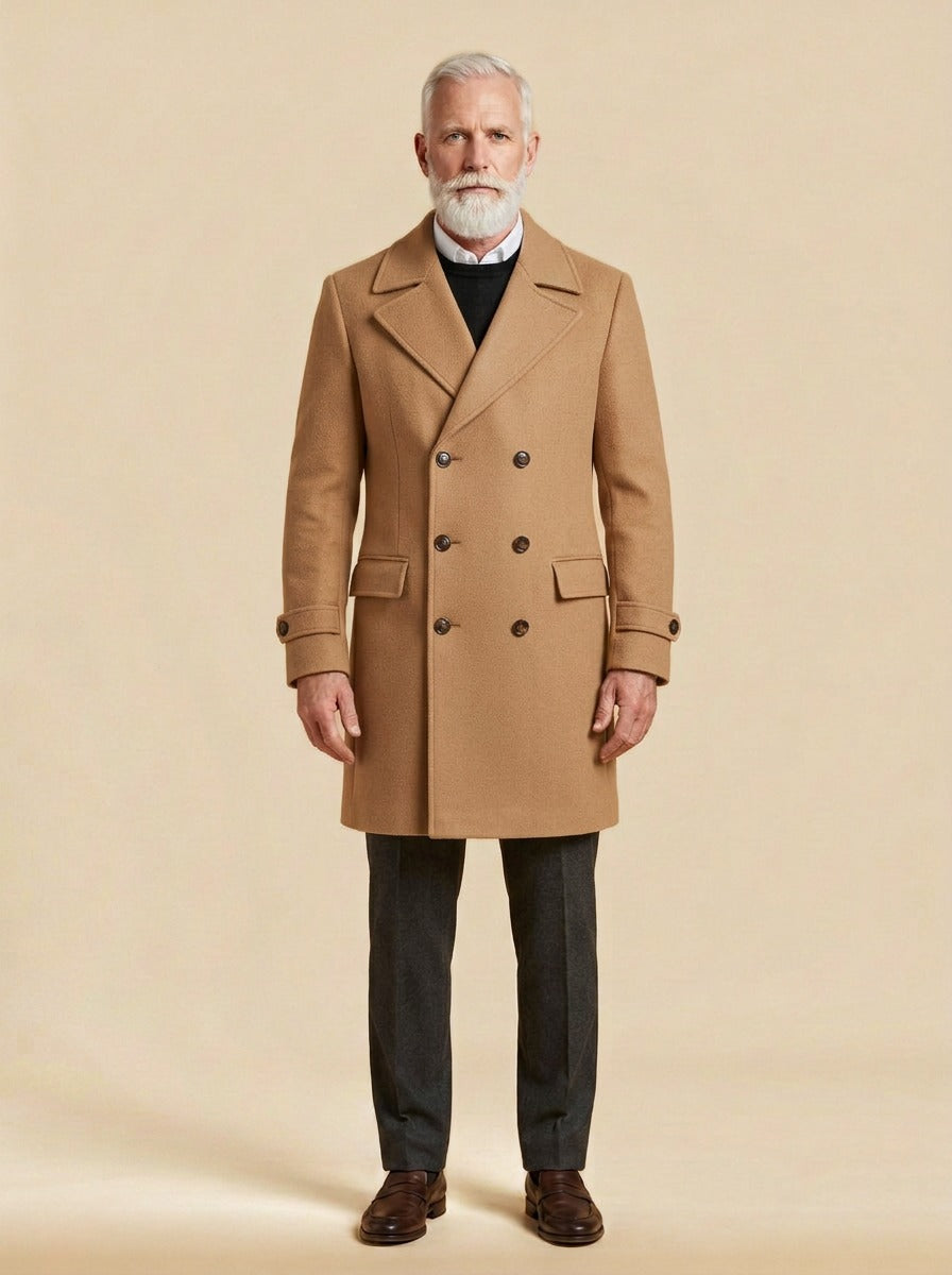 Bellingham double breasted peak lapel overcoat in Camel, studio, Gentlemens Manor