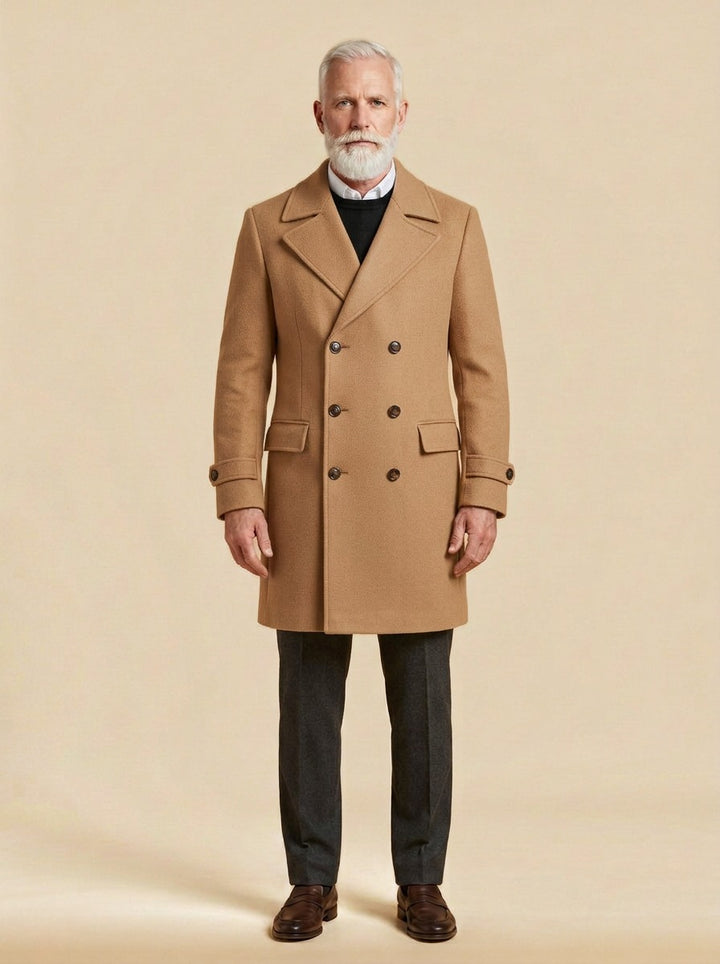 Bellingham double breasted peak lapel overcoat in Camel, studio, Gentlemens Manor