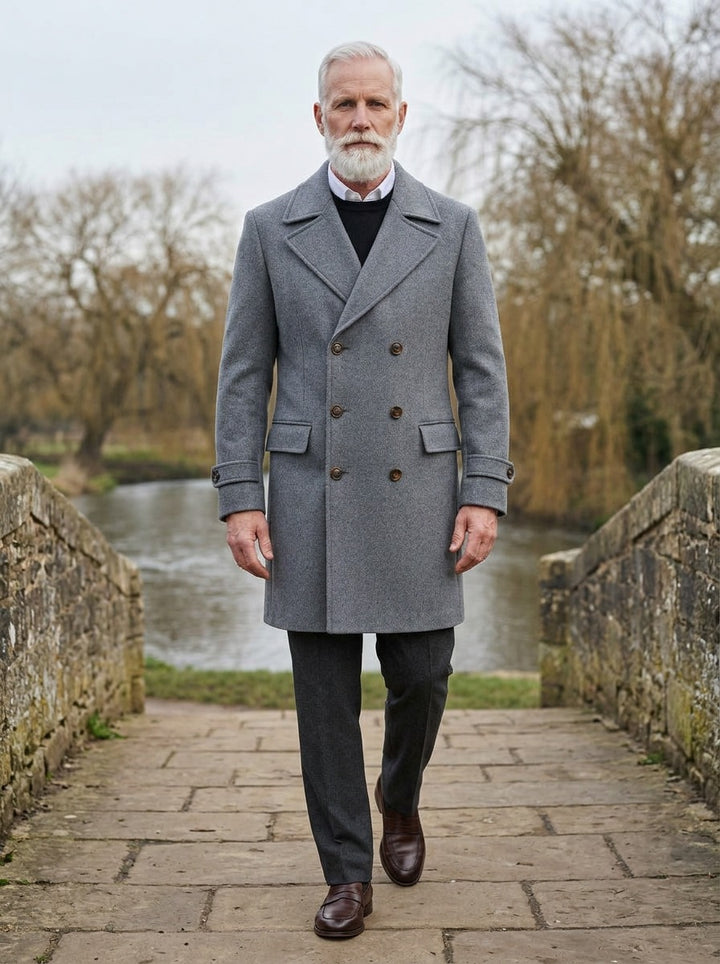 Bellingham double breasted peak lapel overcoat in Grey, lifestyle on a stone footbridge, Gentlemens Manor