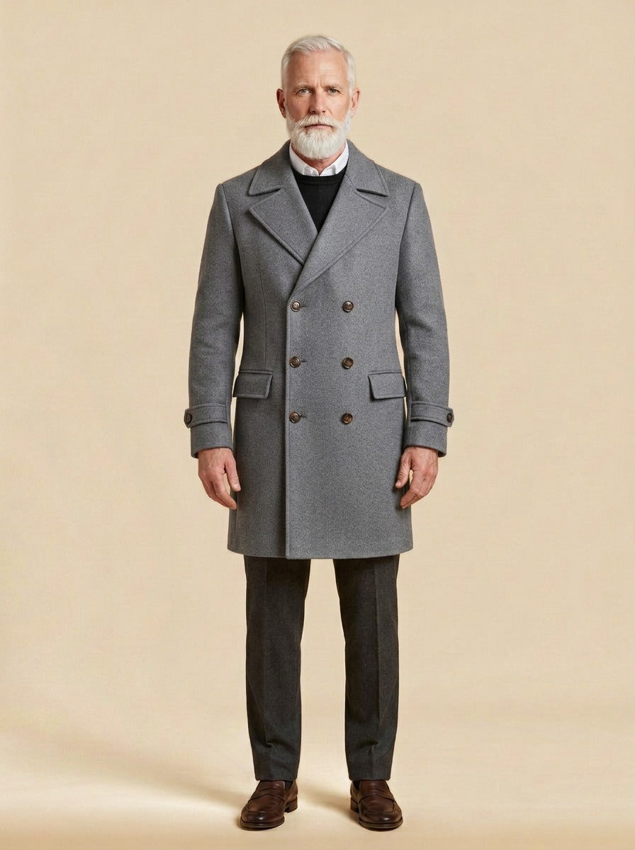 Bellingham double breasted peak lapel overcoat in Grey, studio, Gentlemens Manor