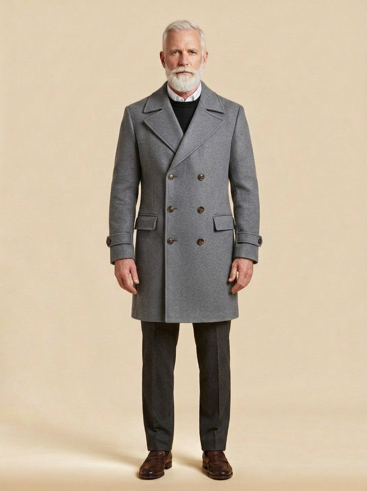 Bellingham double breasted peak lapel overcoat in Grey, studio, Gentlemens Manor