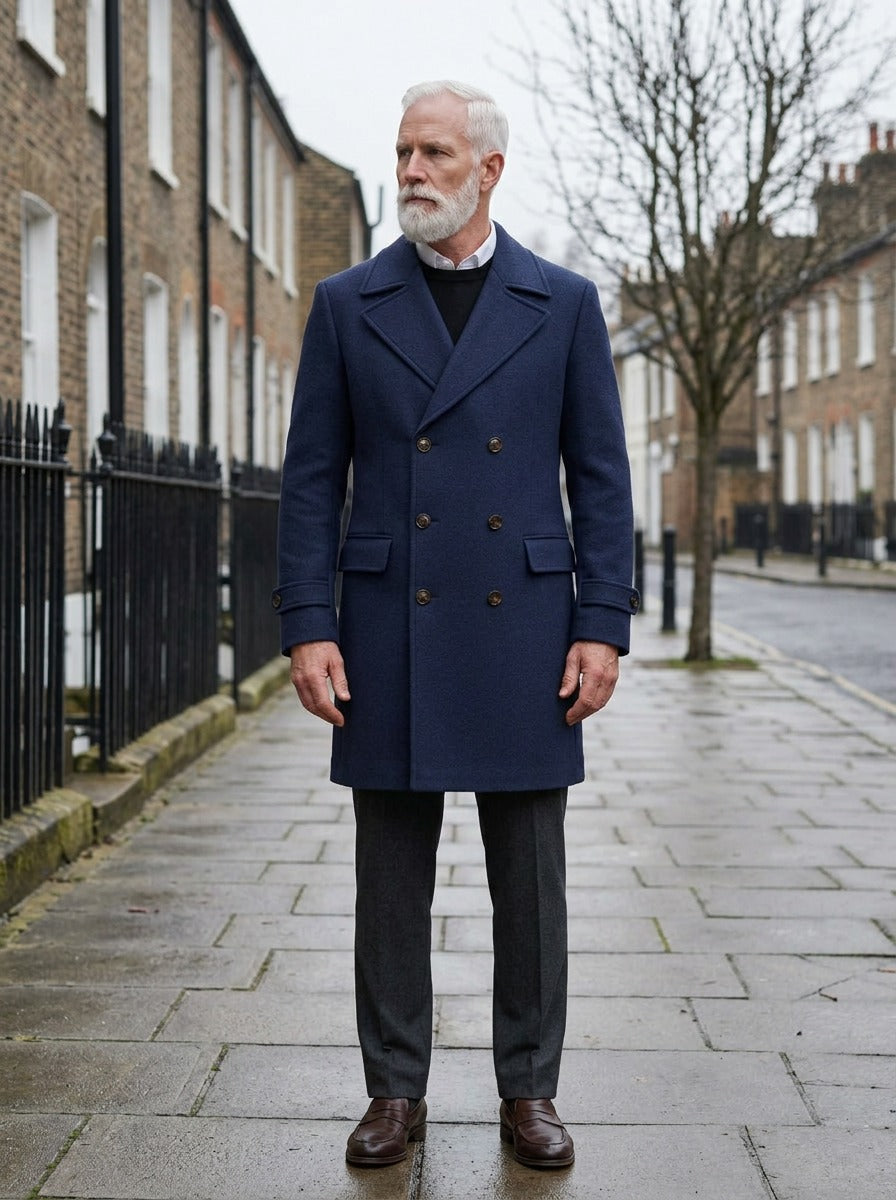 Bellingham double breasted peak lapel overcoat in Navy, lifestyle on a street of brick row houses, Gentlemens Manor