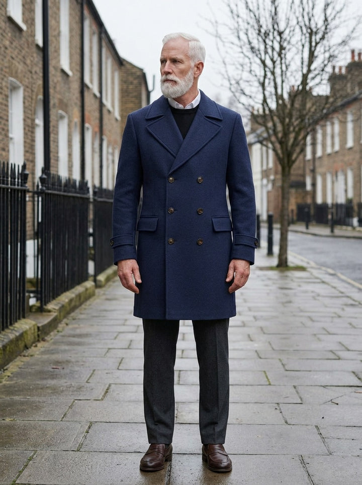 Bellingham double breasted peak lapel overcoat in Navy, lifestyle on a street of brick row houses, Gentlemens Manor