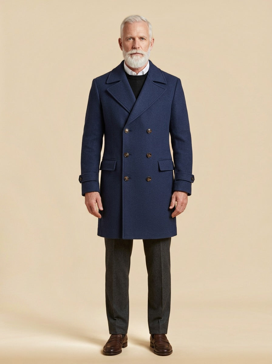 Bellingham double breasted peak lapel overcoat in Navy, studio, Gentlemens Manor
